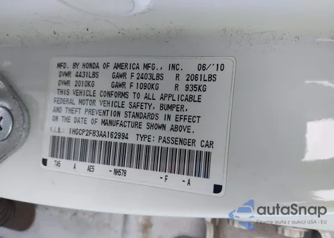 2010 Honda Accord 2.4 Ex-L из США, поврежденный, VIN 1HGCP2F83AA162994